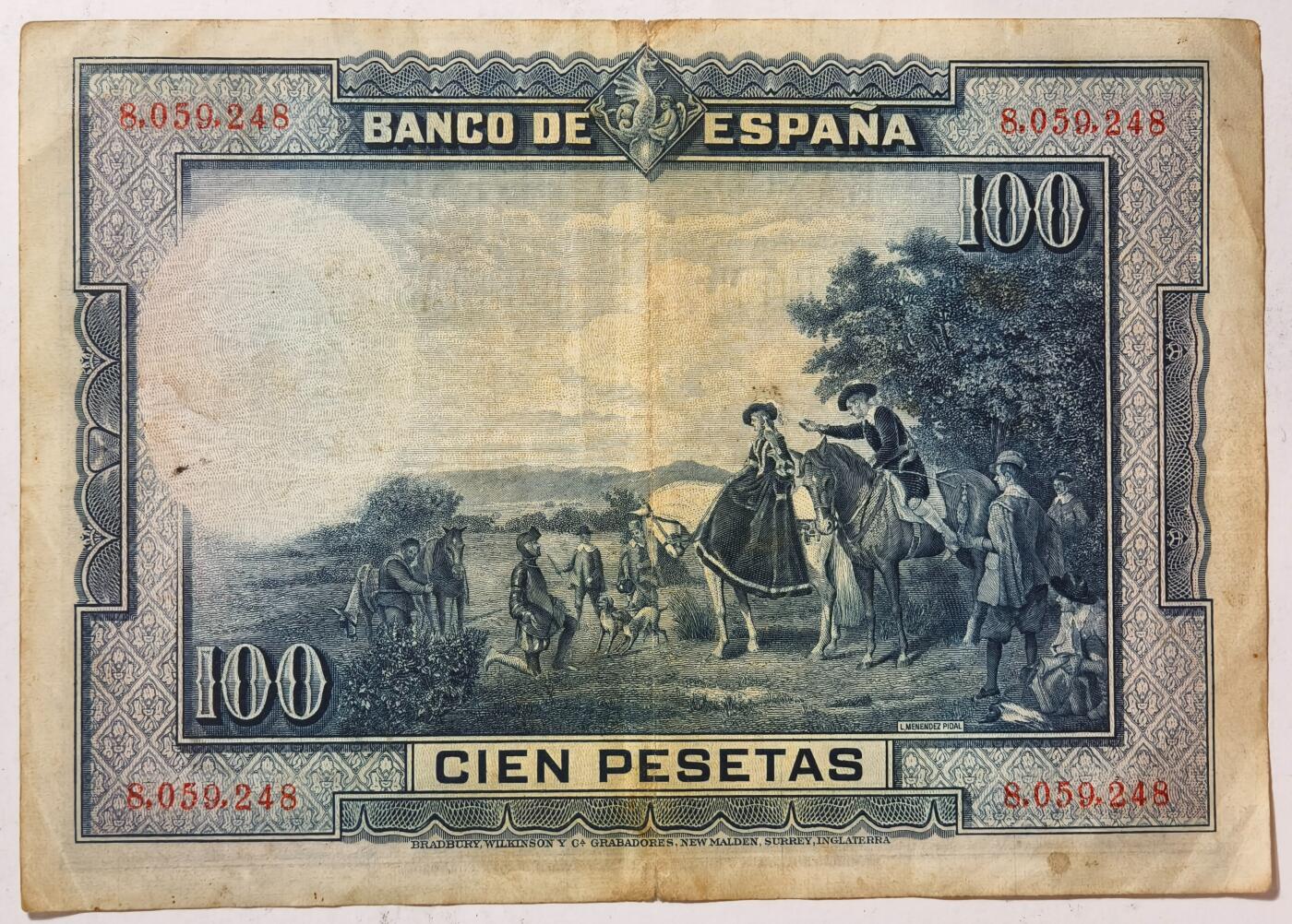 紫瑗钱币——第369期拍卖——纸币场 西班牙 1928年 中央银行 油画《唐吉坷德》 100比塞塔 流通品 (P-76a)