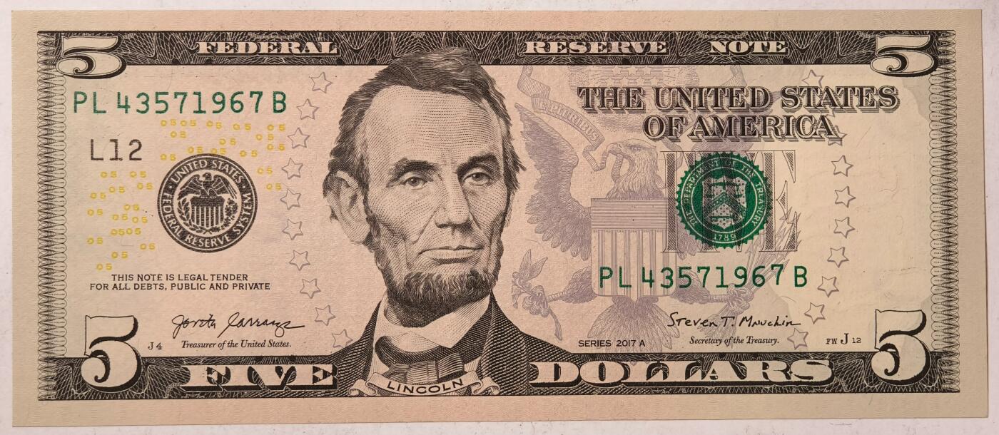 紫瑗钱币——第369期拍卖——纸币场 美国 2017年 L版 A序列 亚伯拉罕·林肯 5美元 彩色版 AU