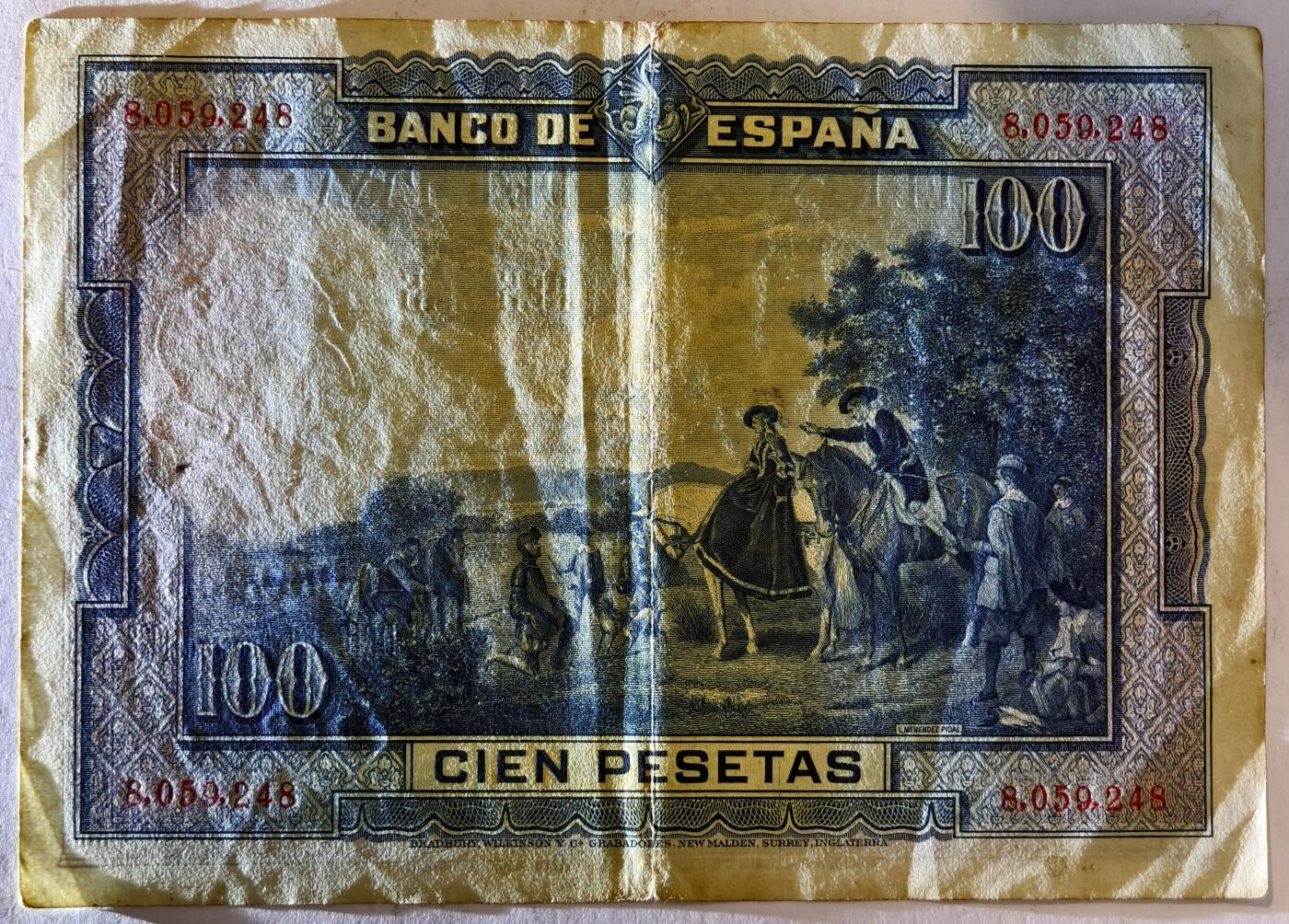 紫瑗钱币——第369期拍卖——纸币场 西班牙 1928年 中央银行 油画《唐吉坷德》 100比塞塔 流通品 (P-76a)