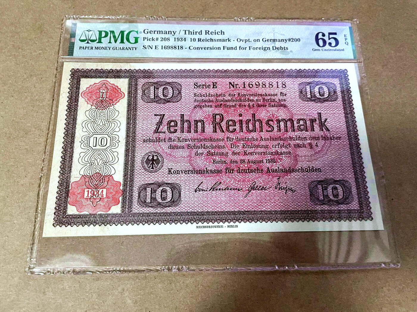 【Blue Auction】✨世界纸币精拍第495期【精】 【倒置号】德国 1934年10马克 PMG65EPQ 大票幅 