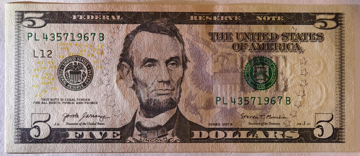 紫瑗钱币——第369期拍卖——纸币场 美国 2017年 L版 A序列 亚伯拉罕·林肯 5美元 彩色版 AU