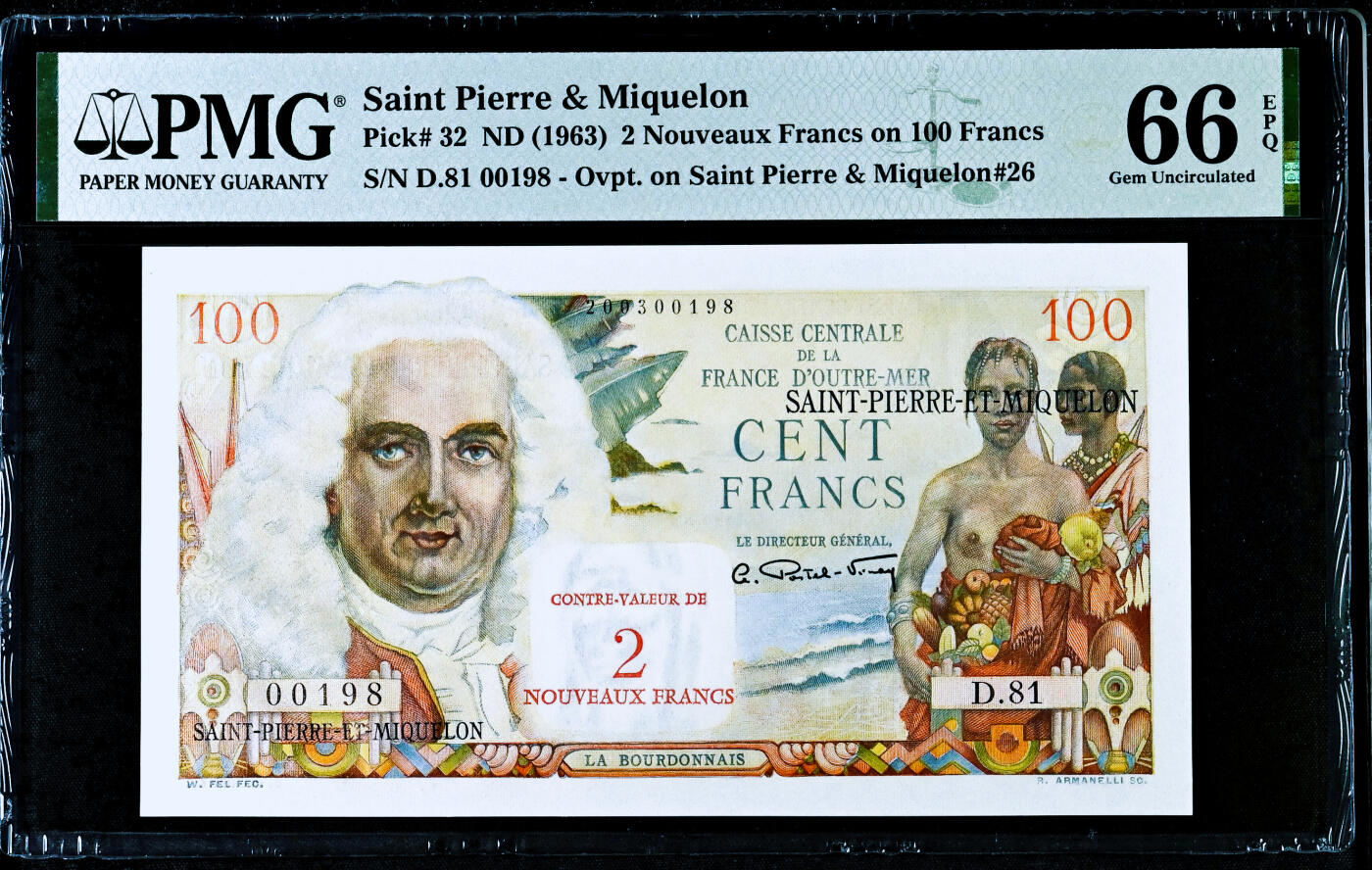 【Blue Auction】✨世界纸币精拍第495期【精】  【198小号 倒置号少见】圣皮埃尔和密克隆 1963年2新法郎=100法郎 裸女 色彩艳丽PMG66EPQ 设计精美 法属风