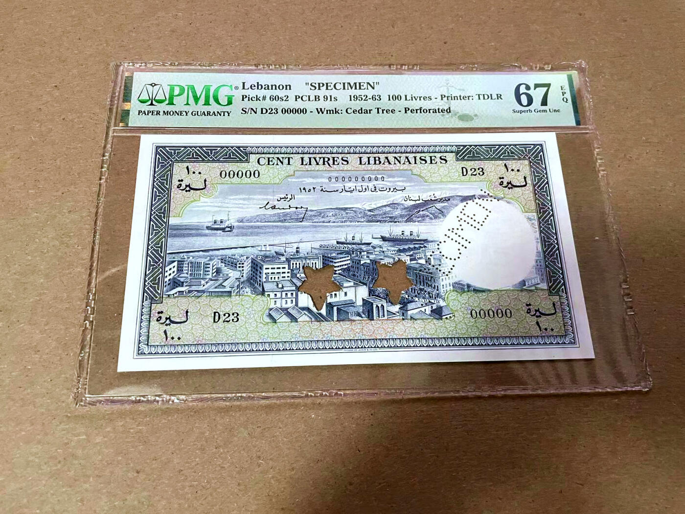 【Blue Auction】✨世界纸币精拍第495期【精】 【样钞】黎巴嫩 1952-63年100里弗 PMG67EPQ 高分 