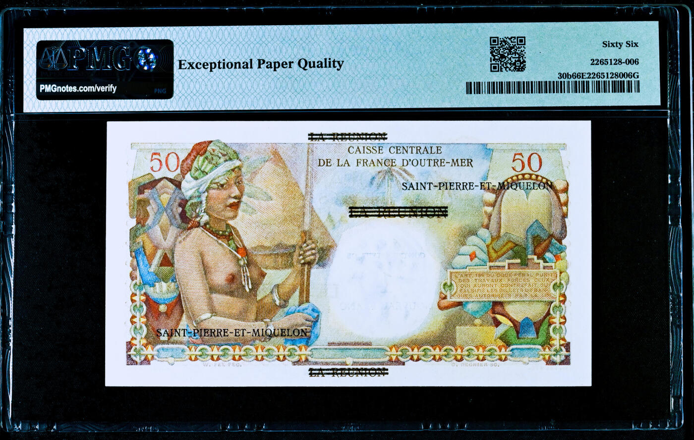 【Blue Auction】✨世界纸币精拍第495期【精】  圣皮埃尔和密克隆 1960年1新法郎=50法郎 经典白奶球 PMG66EPQ 设计精美 法属风