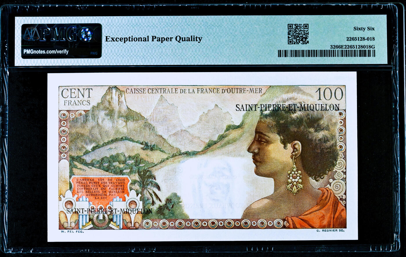 【Blue Auction】✨世界纸币精拍第495期【精】  【198小号 倒置号少见】圣皮埃尔和密克隆 1963年2新法郎=100法郎 裸女 色彩艳丽PMG66EPQ 设计精美 法属风