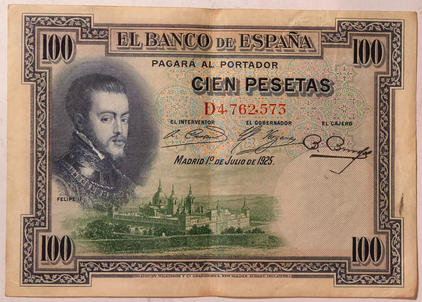 紫瑗钱币——第369期拍卖——纸币场 西班牙 1925年 油画《费利普二世的撤退》 100比塞塔 AU (P-69c)
