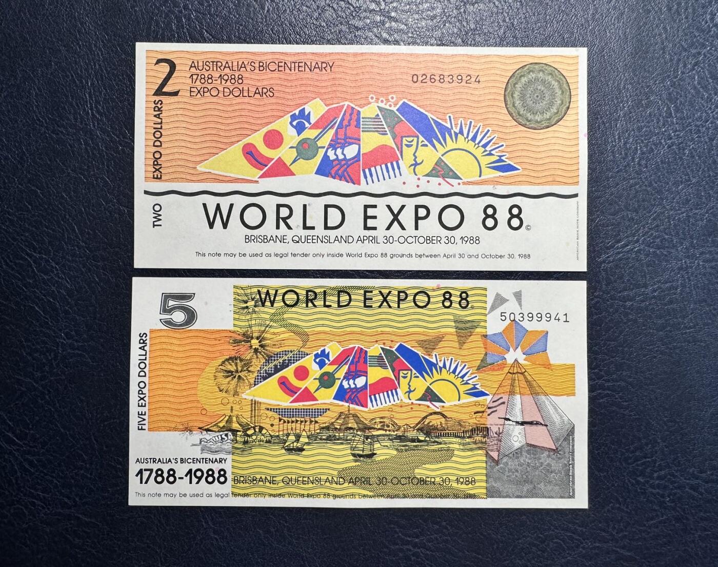 收藏联盟Quantum Auction 第355期拍卖  澳大利亚1988年布里斯班世博会暨澳洲建国200周年纪念代金券2和5元 品相全新UNC 正面雕刻