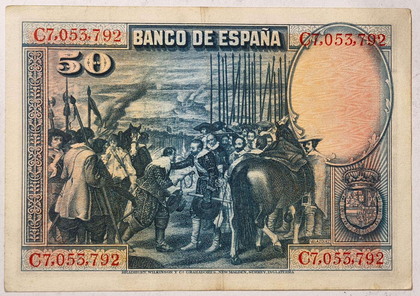 紫瑗钱币——第369期拍卖——纸币场 西班牙 1928年 油画《布雷达的献城》50比塞塔 AU (P-75b)