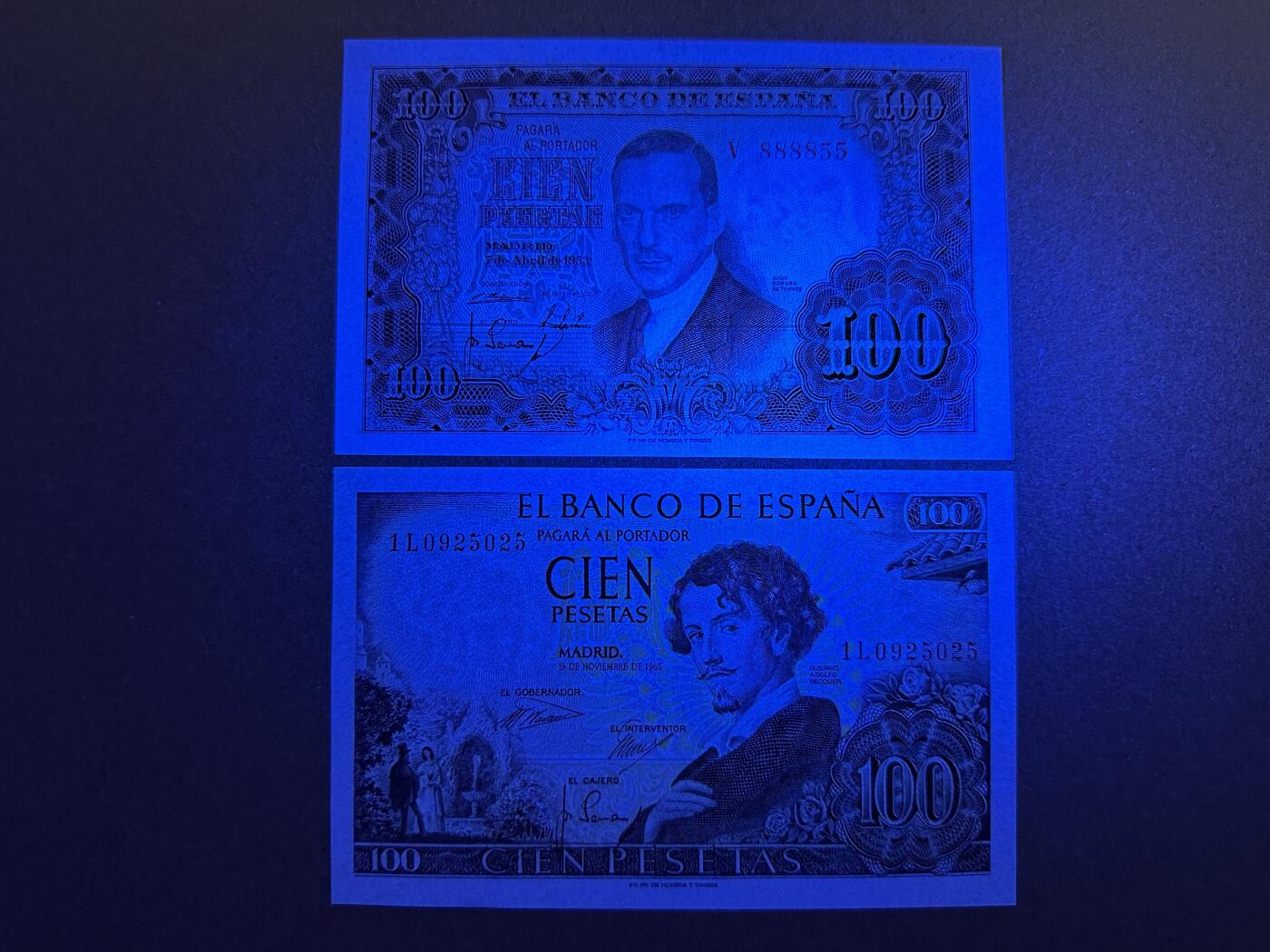 《张总收藏》155期-裸币精品汇(周一场) 西班牙100比塞塔2张 UNC 1953、1965年各1张