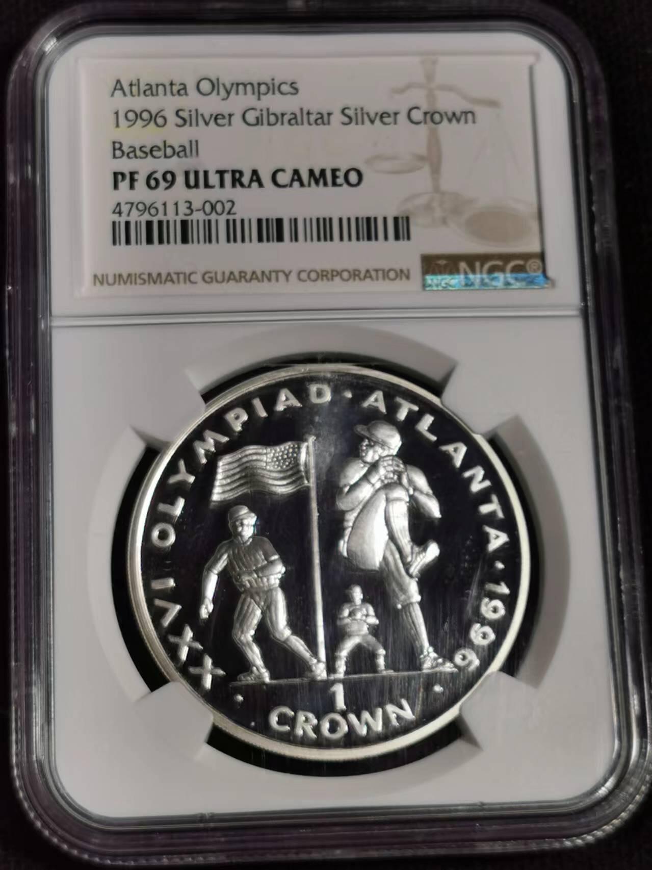 刘世昌艺术品销售中心～虎踞龙蟠*金杨在线联拍群第510期 直布罗陀1996年“亚特兰大奥运会-棒球”精制纪念银币（NGC   PF69UC   串号：4796113-002）1枚。