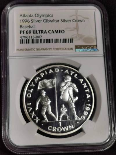 刘世昌艺术品销售中心～虎踞龙蟠*金杨在线联拍群第510期 - 直布罗陀1996年“亚特兰大奥运会-棒球”精制纪念银币（NGC   PF69UC   串号：4796113-002）1枚。