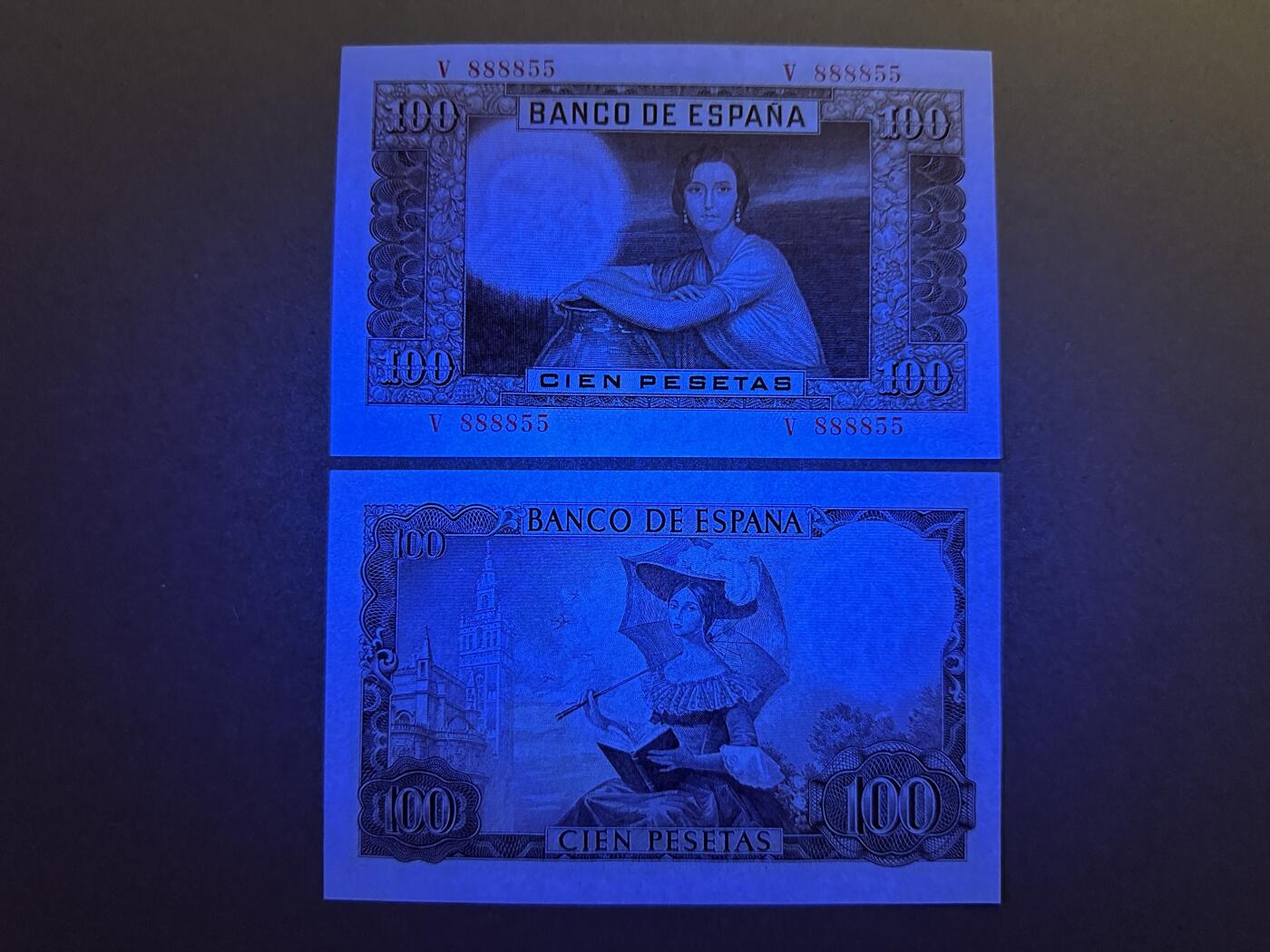 《张总收藏》155期-裸币精品汇(周一场) 西班牙100比塞塔2张 UNC 1953、1965年各1张