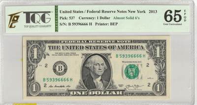 PThappally收藏第34次拍卖，英联邦地区硬币纸币 - US Federal Reserve Notes 1$ 2013 Pick 537, TQG 65 EPQD Gem UNC - Almost Solid 6's 6666