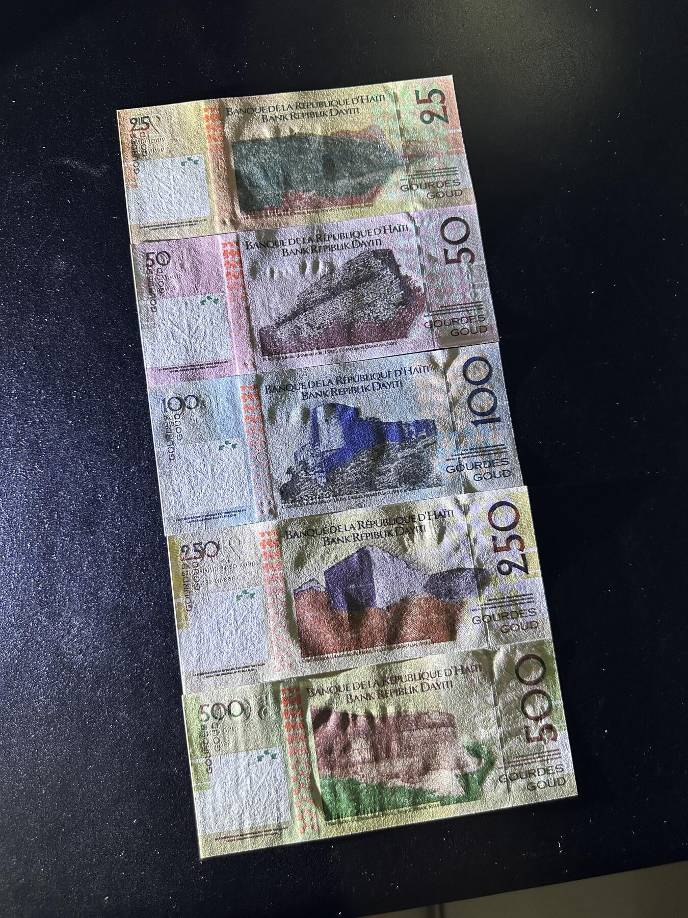 《外钞收藏家》第三百八十二期 2004年海地25-500面额 五张一起 纪念钞 全新UNC 全同小号1858号