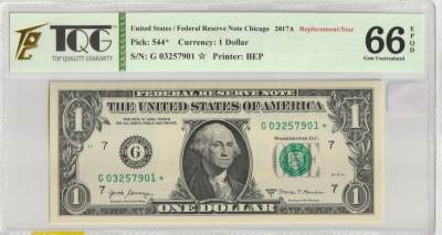 PThappally收藏第34次拍卖，英联邦地区硬币纸币 - US Federal Reserve Notes 1$ 2017A Pick 544, TQG 66 EPQD Gem UNC - Replacement Star