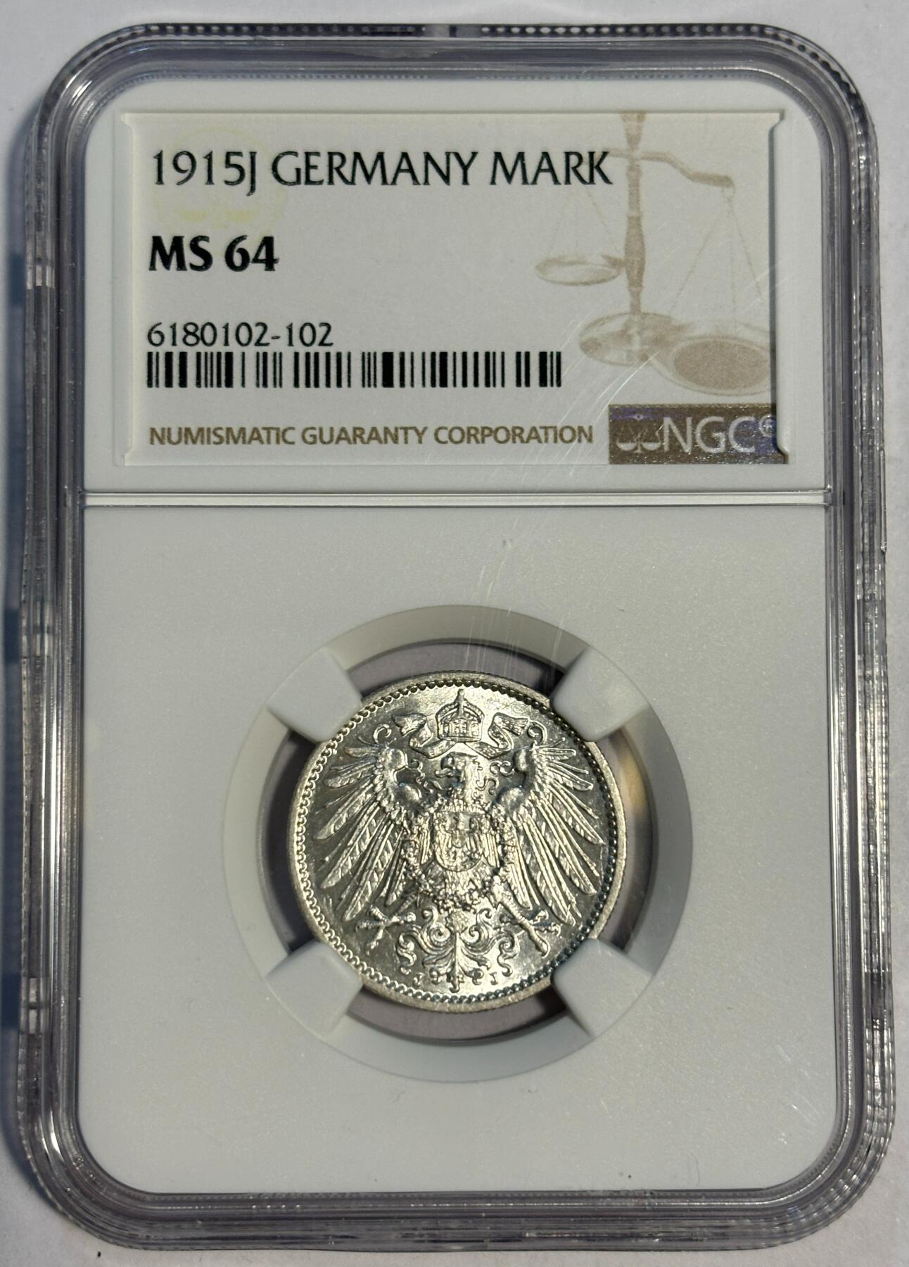 紫瑗钱币——第424期 德国 1915年 J版 第二帝国 长翅 1马克 银币 NGC MS64