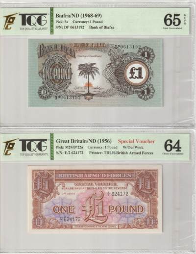 PThappally收藏第34次拍卖，英联邦地区硬币纸币 - Bank of Biafra 1 Pound 1969, Pick - 5a & British Armed Forces 1965 1 Pound Voucher  TQG 65 & 64 GEPQ Gem UNC