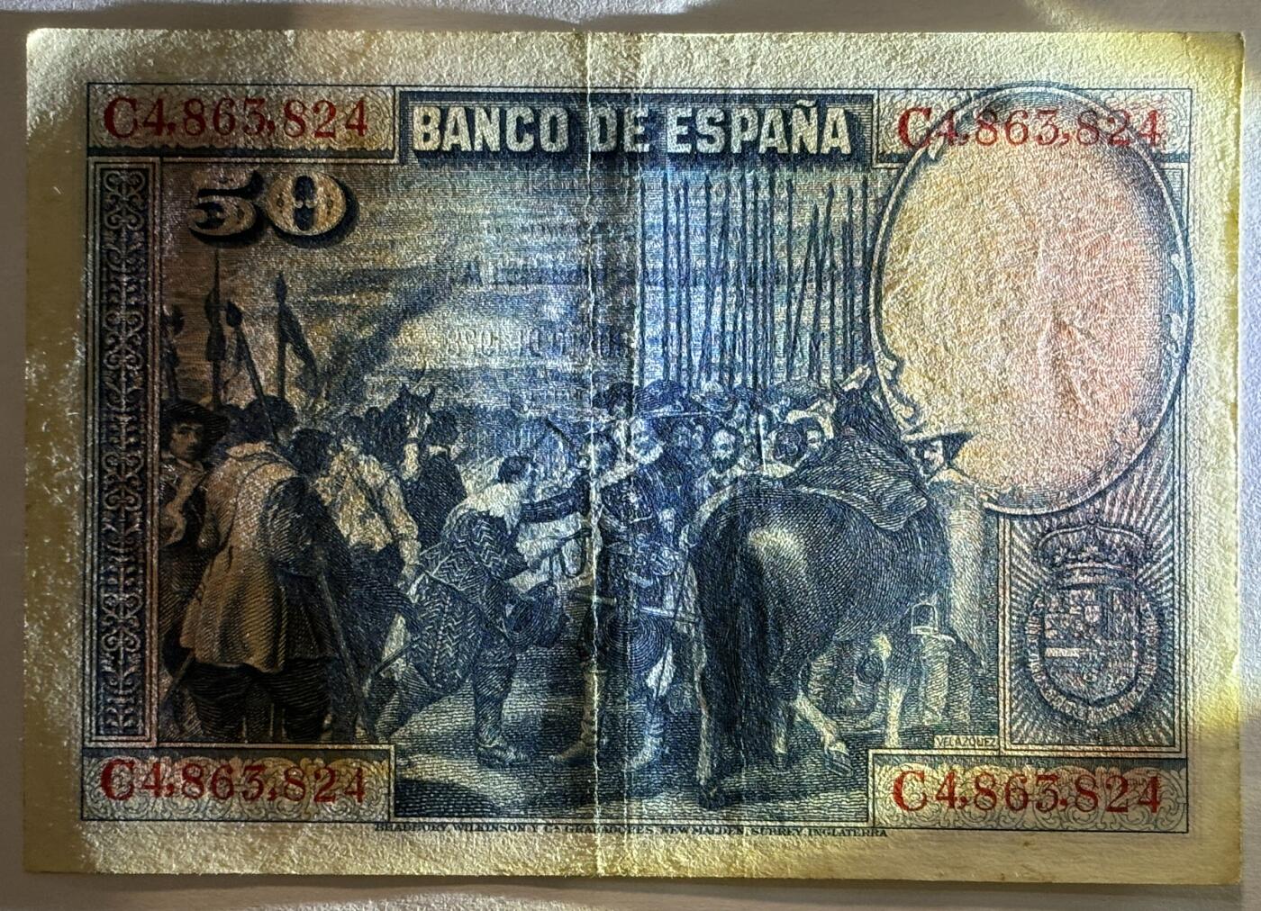 紫瑗钱币——第399期——纸币场 西班牙 1928年 油画《布雷达的献城》50比塞塔 AU (P-75b)