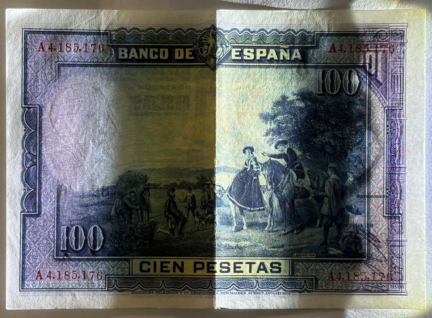 紫瑗钱币——第371期拍卖——纸币场 西班牙 1928年 中央银行 油画《唐吉坷德》 100比塞塔 流通品 (P-76a)