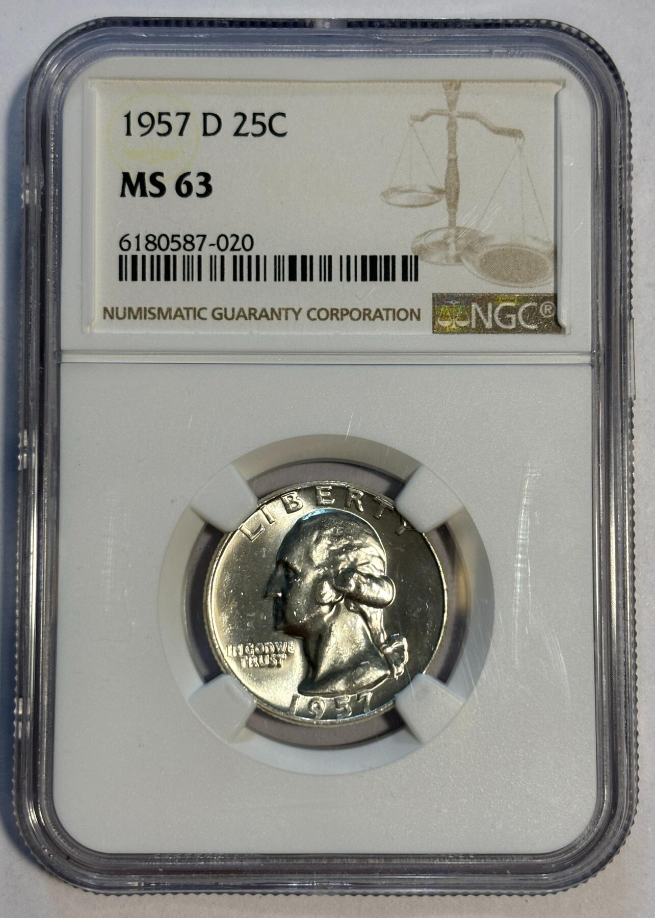 紫瑗钱币——第424期 美国 1957年 D版 华盛顿 25美分 银币 NGC MS63