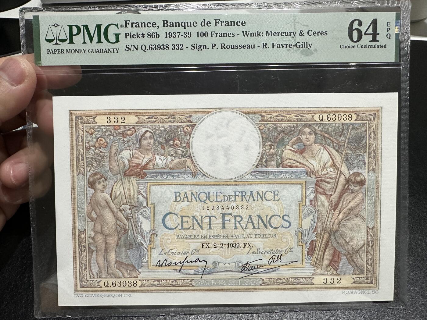 《外钞收藏家》第三百八十二期 1939年法国100法郎 PMG64E 无47大票幅