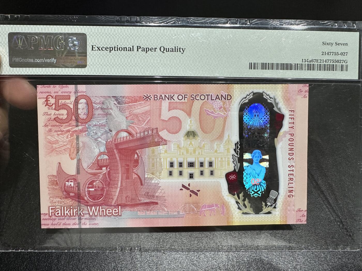 《外钞收藏家》第三百八十二期 2020年最新版苏格兰50镑 PMG67 首发AA 小号451号
