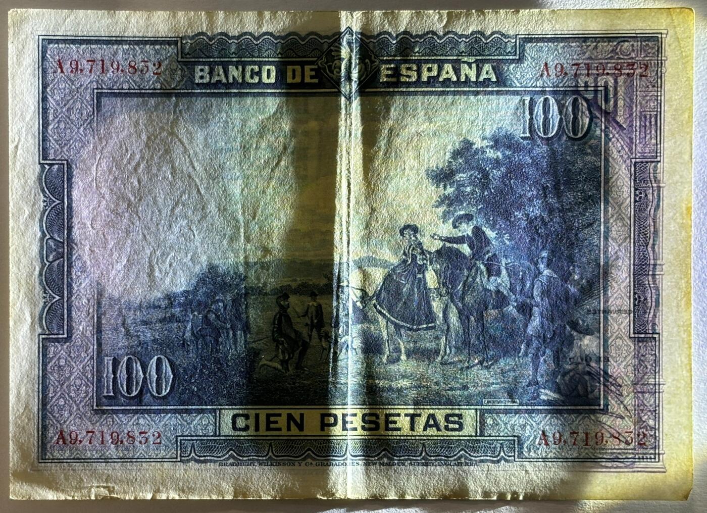 紫瑗钱币——第371期拍卖——纸币场 西班牙 1928年 中央银行 油画《唐吉坷德》 100比塞塔 AU  (P-76a)