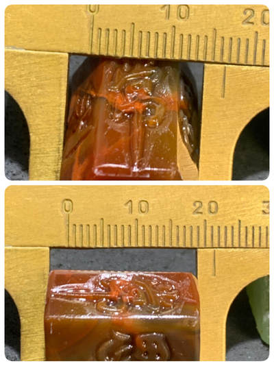 精美亚光冻料战国红玛瑙手工俏色巧雕静坐常思己过六棱桶珠一个， 精美亚光冻料战国红玛瑙手工俏色巧雕静坐常思己过六棱桶珠一个，