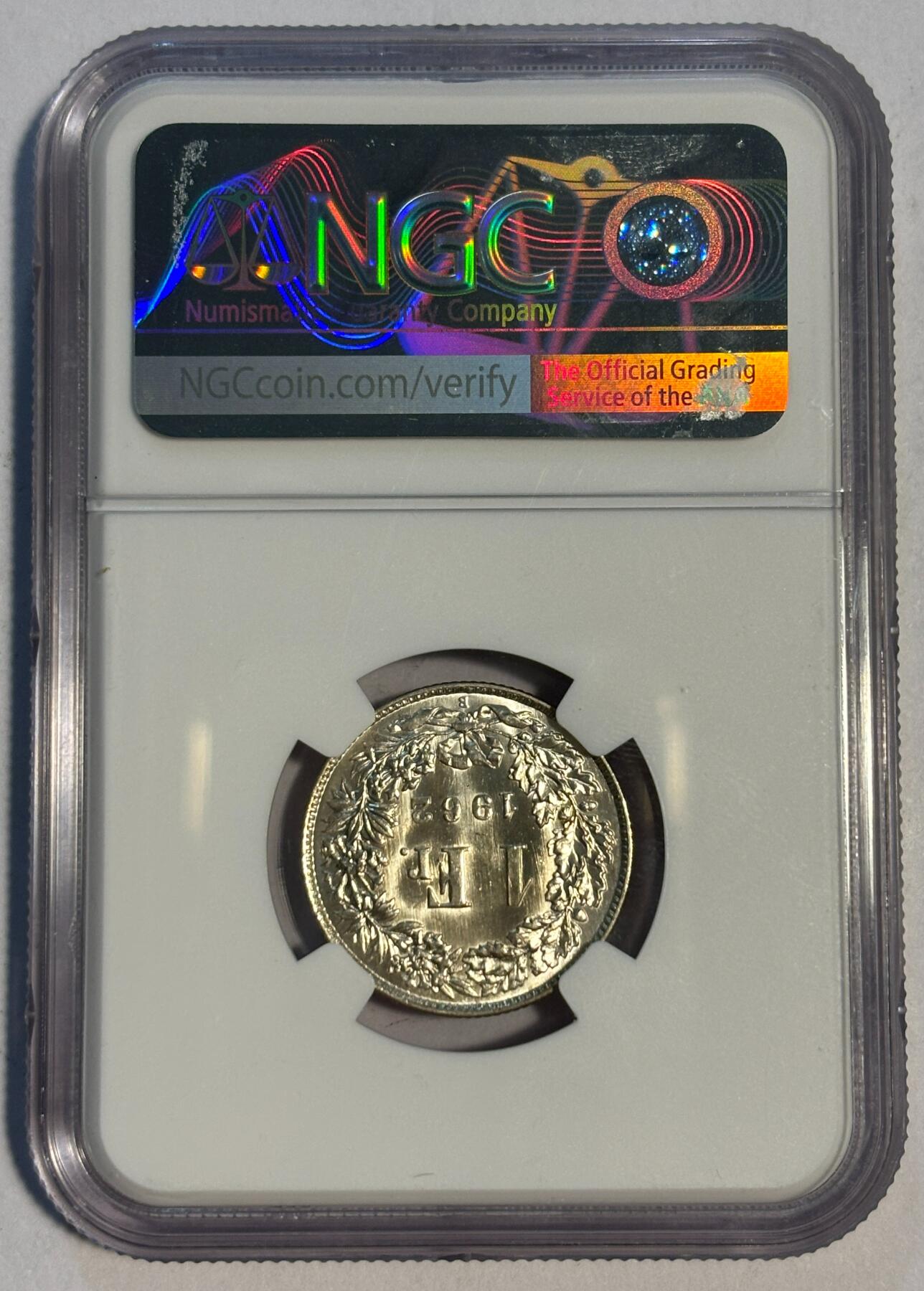 紫瑗钱币——第424期 瑞士 1962年 B版 赫尔维蒂亚 1法郎 银币 NGC MS64