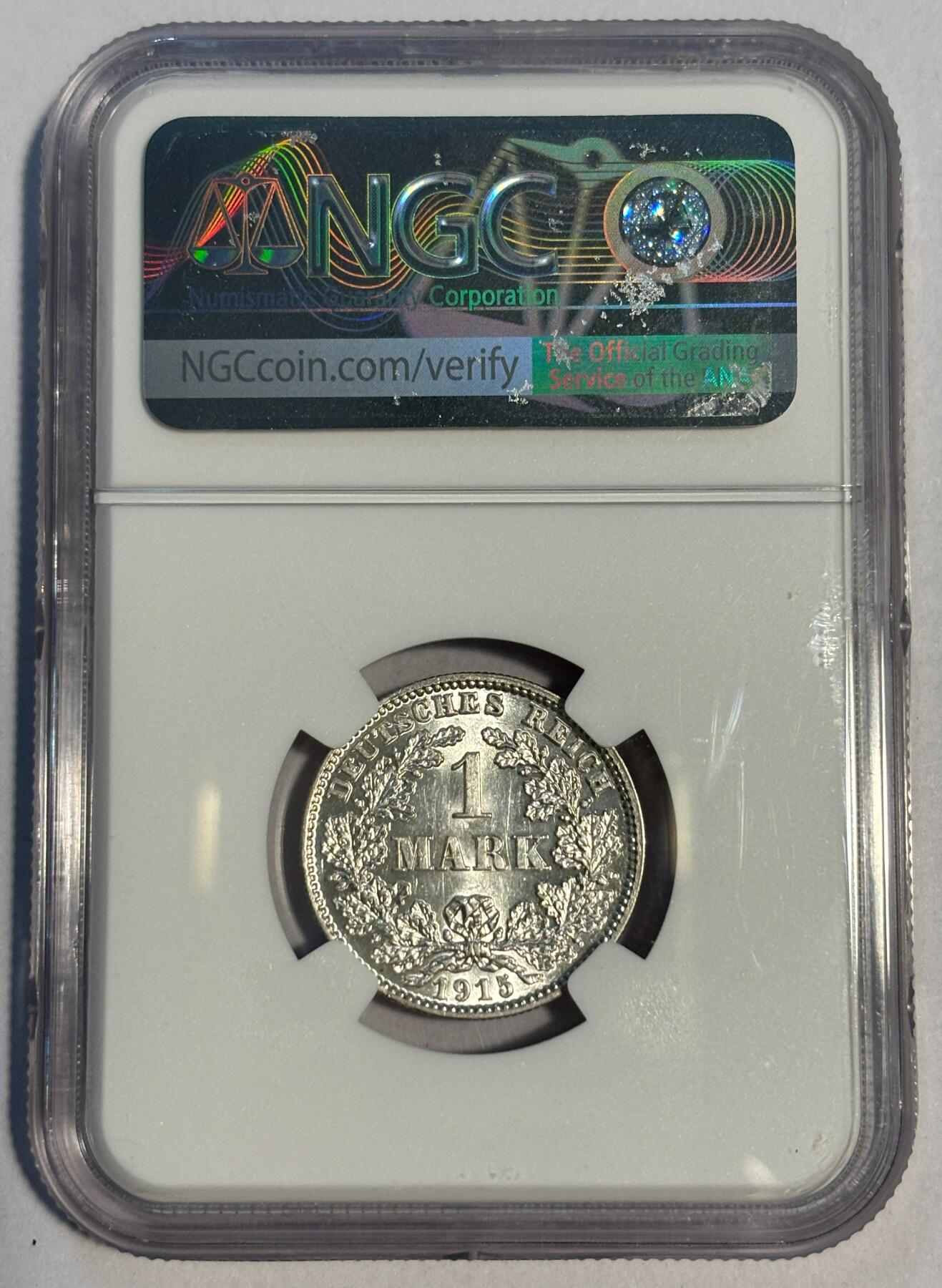 紫瑗钱币——第424期 德国 1915年 J版 第二帝国 长翅 1马克 银币 NGC MS64