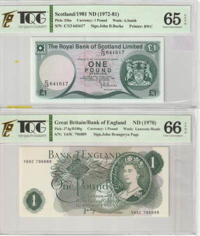 PThappally收藏第34次拍卖，英联邦地区硬币纸币 - GREAT BRITAIN, Bank of England 1970 1 Pound Pick 374g & Scotland 1981 1 Pound Pinck 336a, TQG 65 & 66 GEPQ Gem UNC
