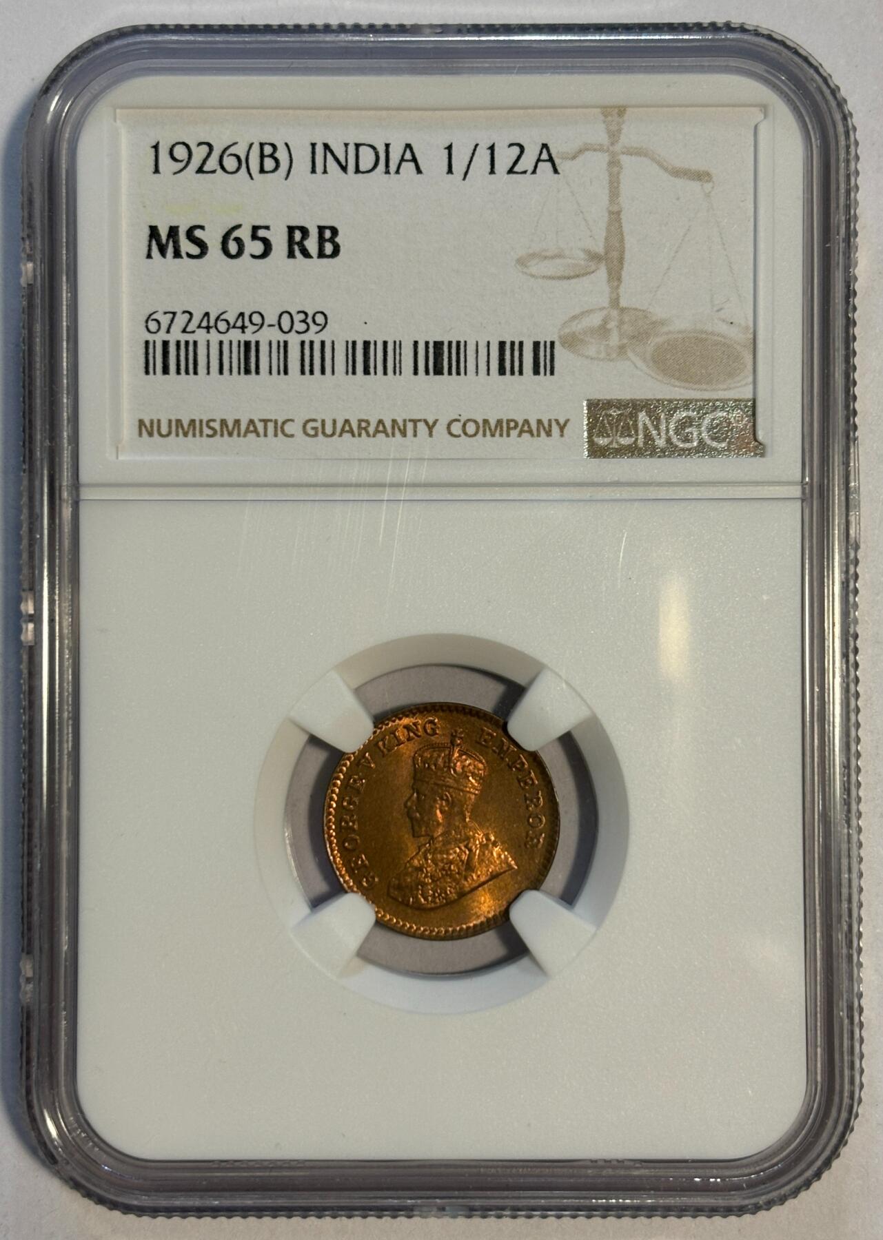 紫瑗钱币——第424期 英属印度 1926年 B版 乔治五世 1/12安娜 铜币 NGC M65RB