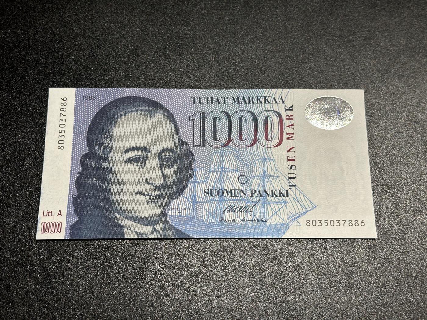 《外钞收藏家》第三百八十二期 1986年芬兰1000马克 全新UNC 品绝 无瑕疵