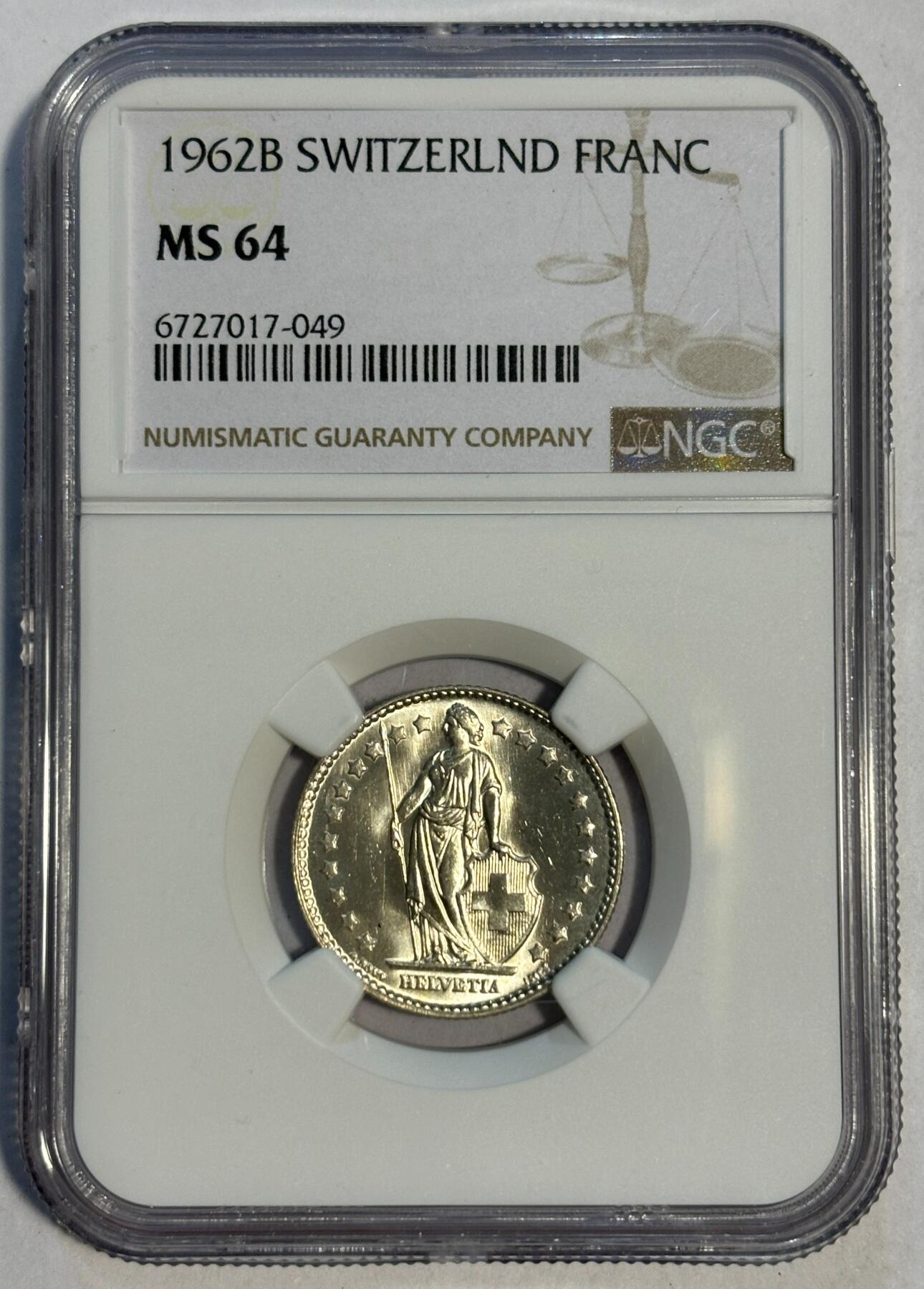 紫瑗钱币——第424期 瑞士 1962年 B版 赫尔维蒂亚 1法郎 银币 NGC MS64
