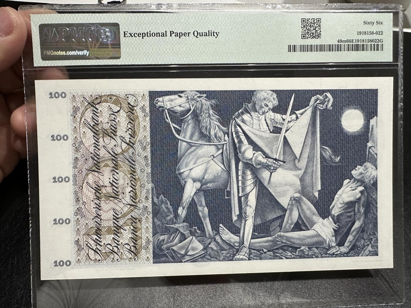 《外钞收藏家》第三百八十二期 1971年瑞士100法郎 割袍 PMG66 精美大票幅