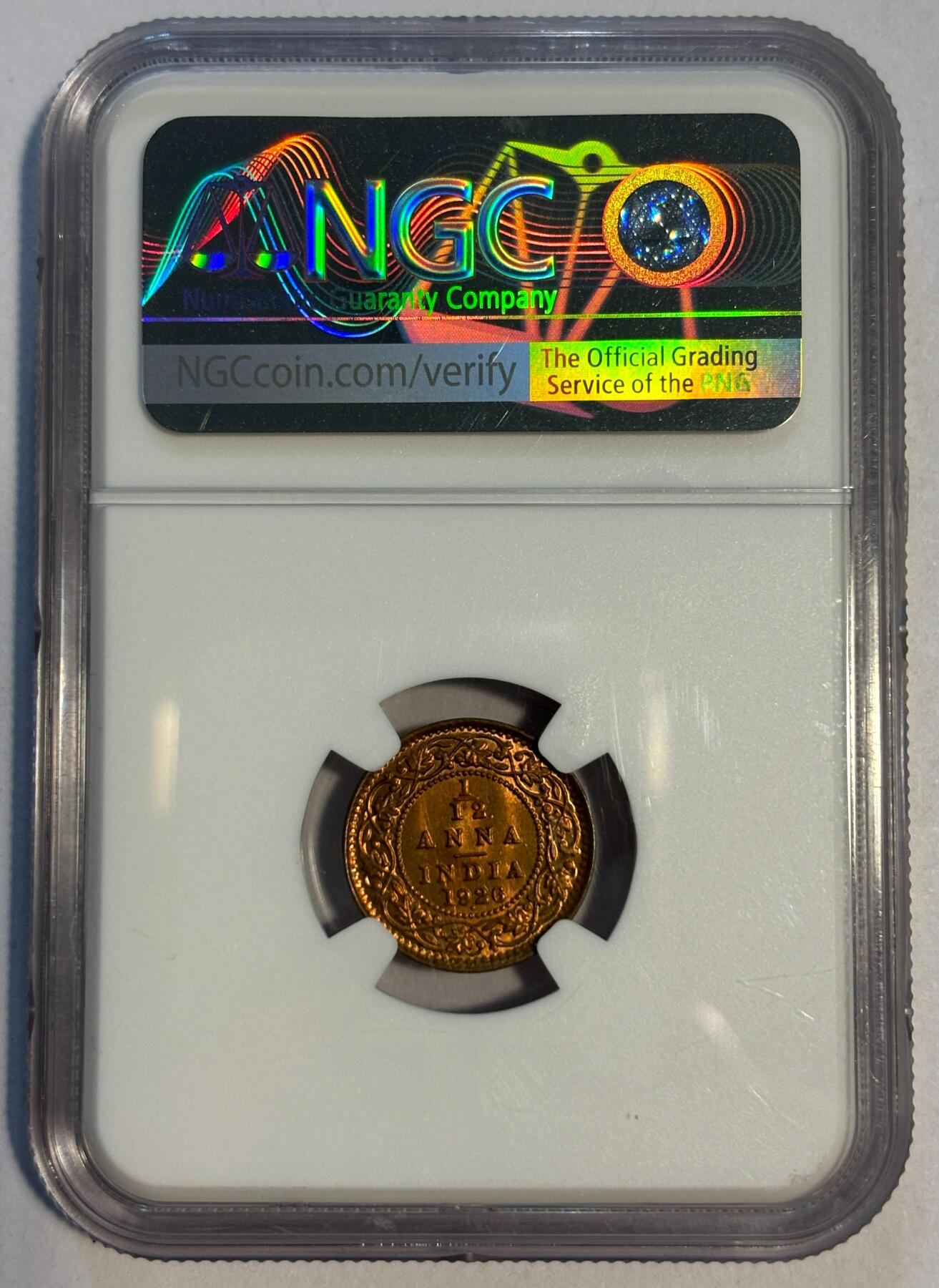 紫瑗钱币——第424期 英属印度 1926年 B版 乔治五世 1/12安娜 铜币 NGC M65RB