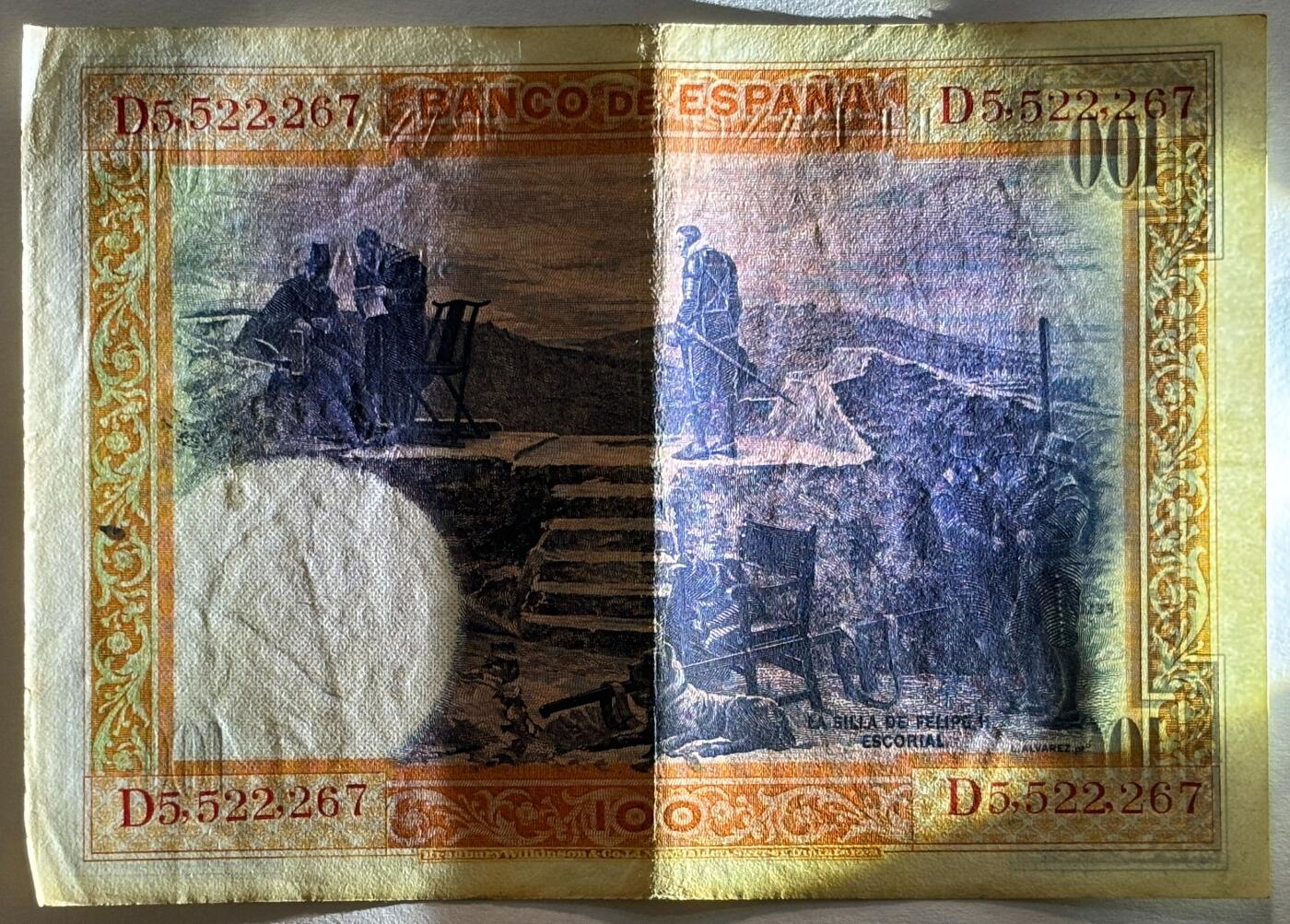 紫瑗钱币——第469期——纸币场 西班牙 1925年 油画《费利普二世的撤退》 100比塞塔 AU (P-69c)