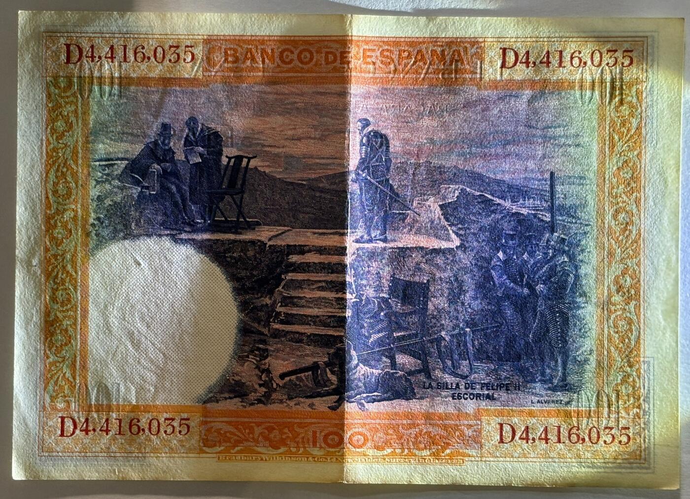 紫瑗钱币——第399期——纸币场 西班牙 1925年 油画《费利普二世的撤退》 100比塞塔 AU (P-69c)