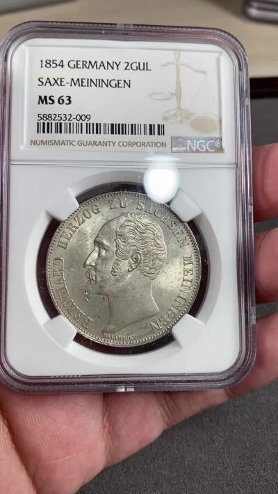 万国钱币拍卖第028期（花前月下●同享良章美币） NGC MS63 1854年德国萨克森-梅宁根流通2盾大银币 梅宁根的盾徽有一说一非常精美 特别高分高品更能表现出精湛的工艺 