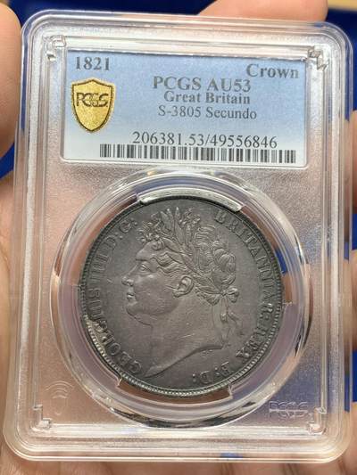 《竞宝斋》第283场- 周日，周一 2场连拍 （全场包邮） - PCGS AU53 英国1821年乔治四世马剑克朗 蓝黑原味包浆 不容错过