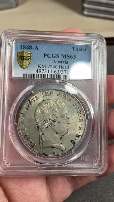 万国钱币拍卖第028期（花前月下●同享良章美币） PCGS MS63 1848年奥地利帝国斐迪南一世流通1泰勒 奥地利双头鹰原光层非常亮眼 PC唯一冠军
