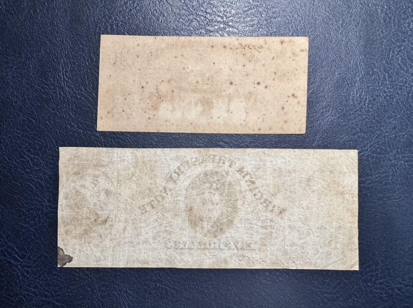 收藏联盟Quantum Auction 第356期拍卖  美国阿拉巴马州1863年25分和弗吉尼亚州1869年5元 品相如图 带签和编号的实票