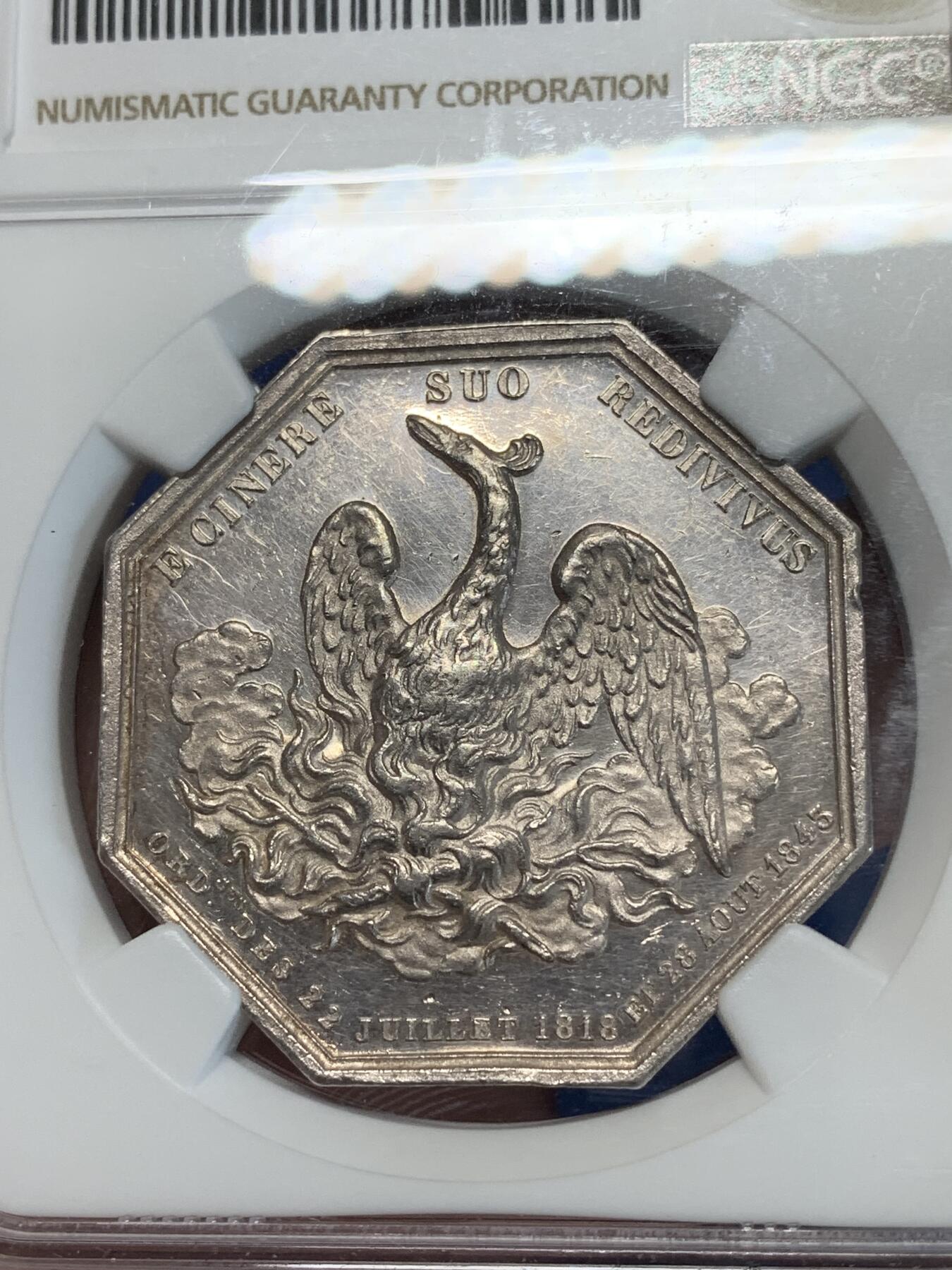 《竞宝斋》第283场- 周日，周一 2场连拍 （全场包邮） NGC UNCD Cleaned 法国1843年火凤凰八角银代币 双面均有镜面感