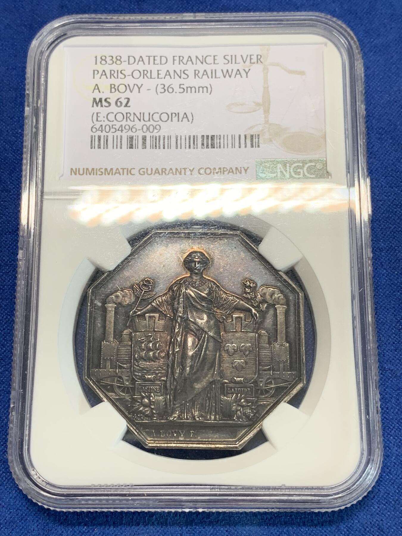《竞宝斋》第283场- 周日，周一 2场连拍 （全场包邮） NGC MS62 法国1838巴黎至奥尔良铁路竣工银章 黑彩大银章