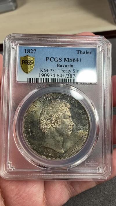 万国钱币拍卖第028期（花前月下●同享良章美币） PCGS MS64+ 1827年德国巴伐利亚路德维希一世海关条约大泰勒 纪念巴伐利亚州和符腾堡州签署海关条约 老彩转光 完全原味的状态 PC唯一亚军分 