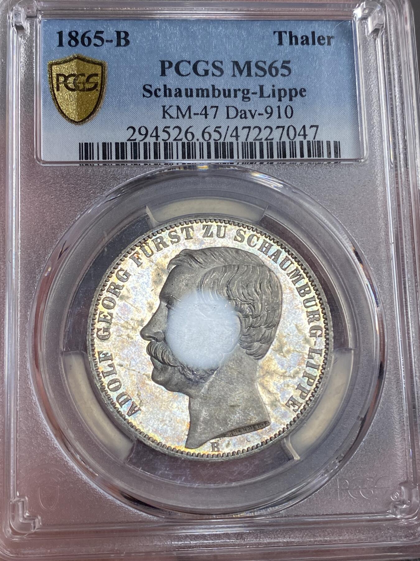 万国钱币拍卖第028期（花前月下●同享良章美币） PCGS MS65 1865年德国绍姆堡-利普天使1泰勒 单年发行7000枚的小邦天使泰勒 汉诺威厂的巅峰之作 无论彩虹般的包浆还是镜子般的底板都将这枚泰勒勾勒为完美的完全体收藏品 PCGS唯二冠军分