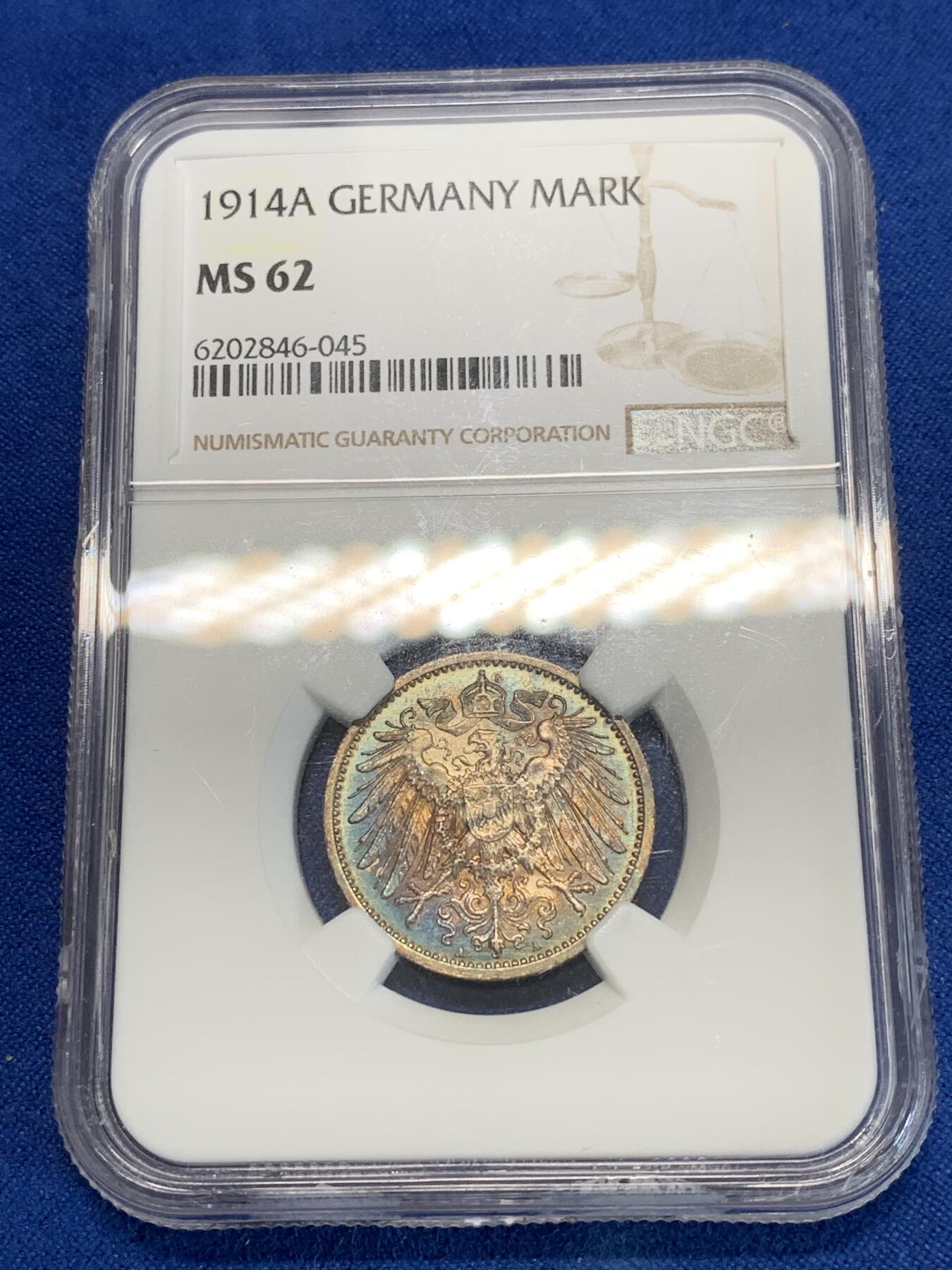 《竞宝斋》第283场- 周日，周一 2场连拍 （全场包邮） NGC MS62 德国 1914A 1马克 银币