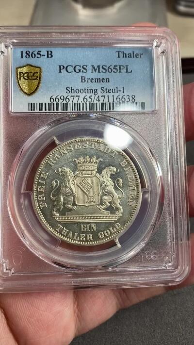 万国钱币拍卖第028期（花前月下●同享良章美币） PCGS MS65PL 1865年德国不莱梅射击节纪念流通1泰勒 极致的工艺品质 完全的镜面表现 实属尤物