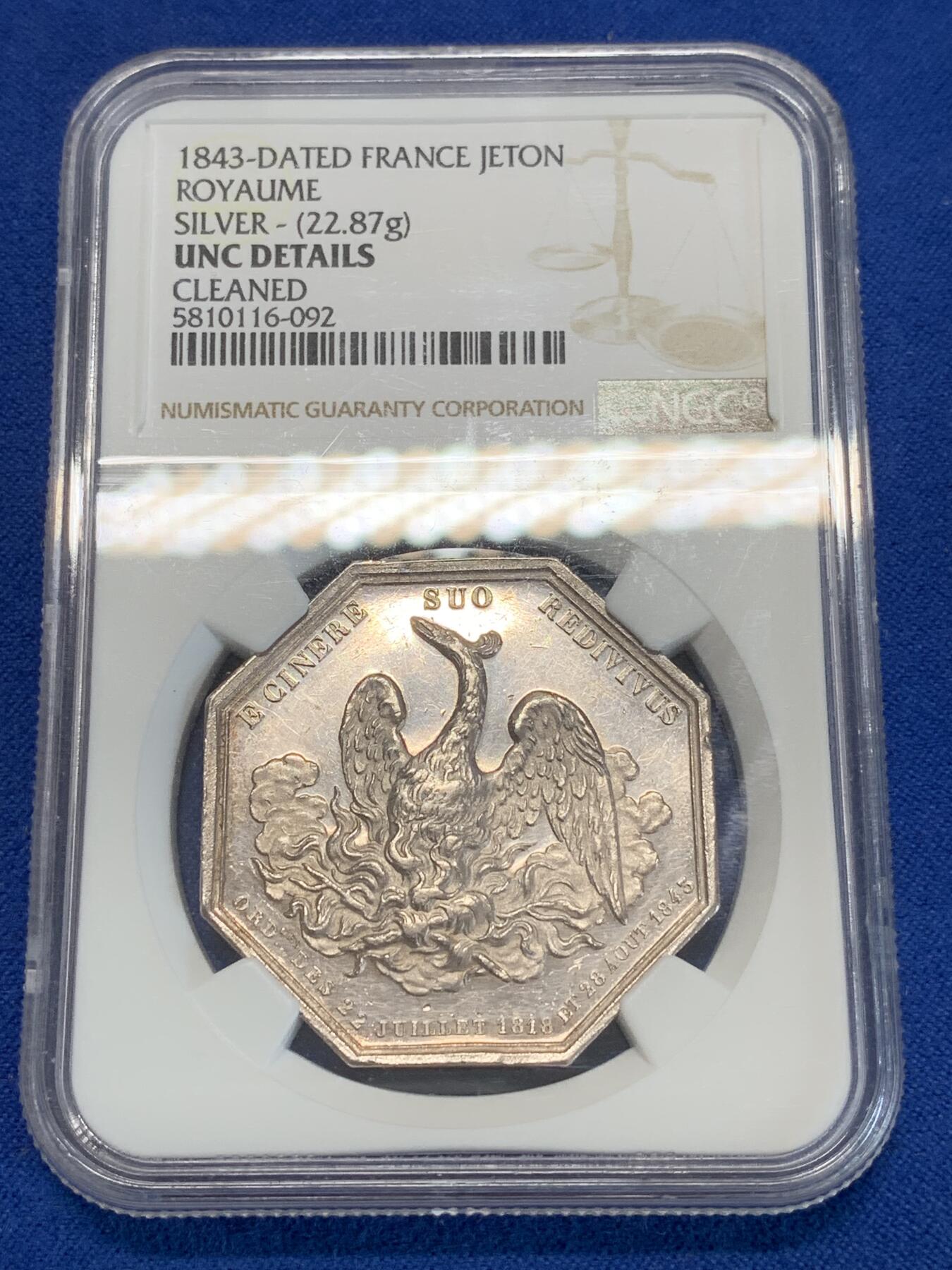 《竞宝斋》第283场- 周日，周一 2场连拍 （全场包邮） NGC UNCD Cleaned 法国1843年火凤凰八角银代币 双面均有镜面感