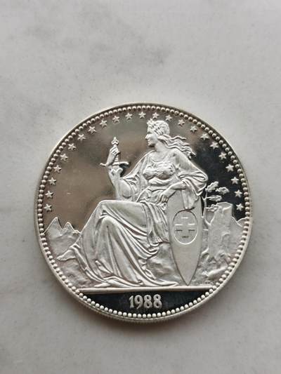 道一币馆币章第七十三场 - 瑞士1988年赫尔维蒂女神1盎司精制纯银纪念章